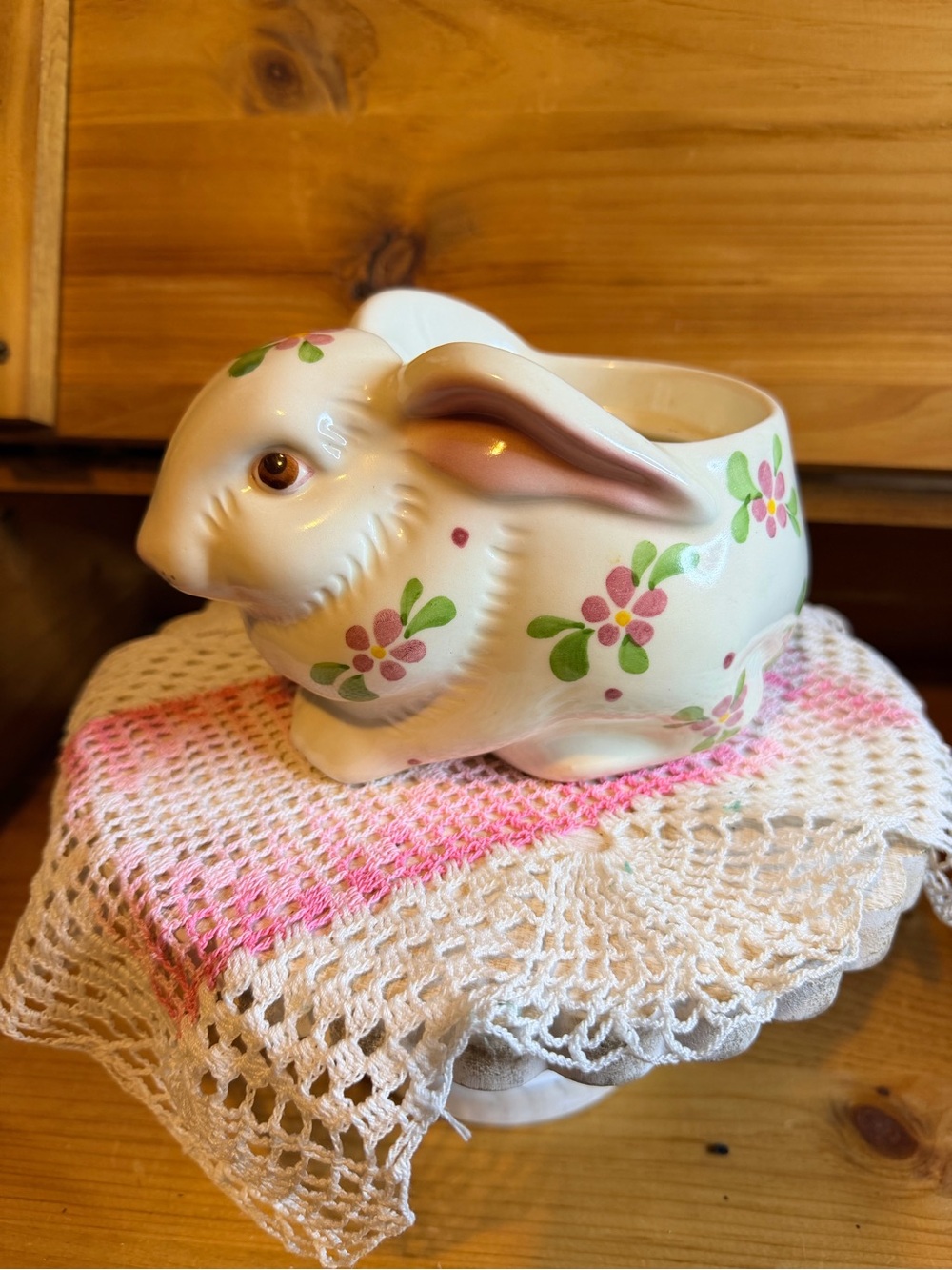 Avon White Bunny Planter with Pink and Green Floral Design